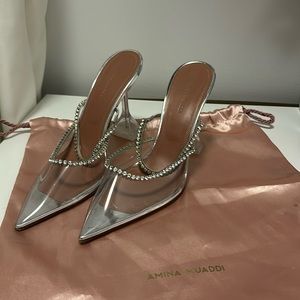 AMINA MUADDI
Gilda crystal-embellished metallic leather and PVC pumps